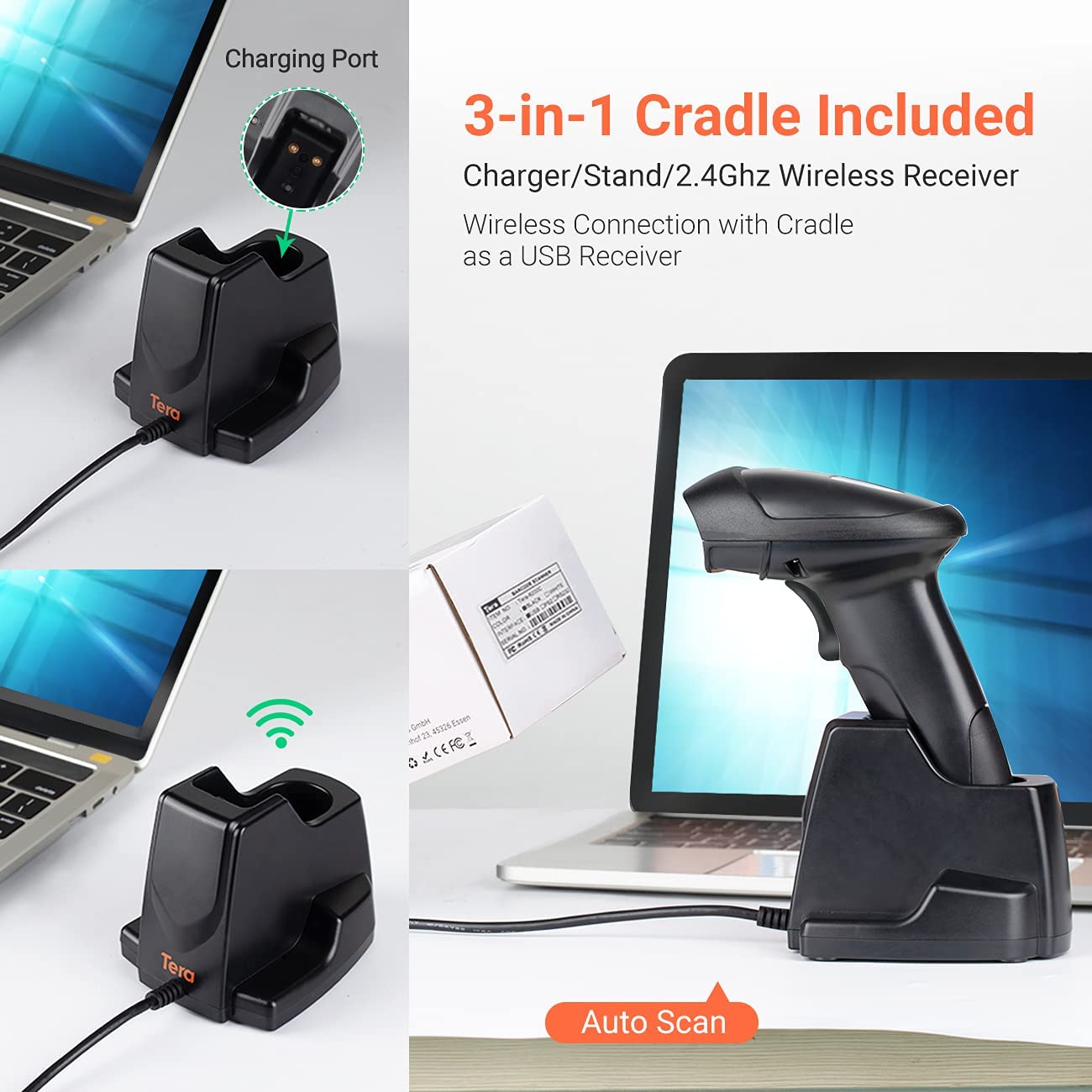 Tera Barcode-Scanner Wireless 2,4 GHz Barcodescanner für 1D 2D QR Barcodes Kabellos Barcode-Lesegerät mit Ladestation, D6100
