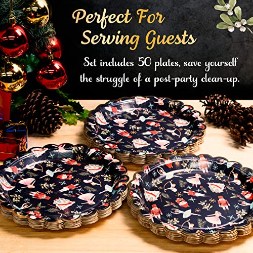 Image of Confettiville Christmas Paper Plates, 50-Count Disposable Christmas Party Supplies, The Nutcracker, Gold Foil Scalloped Edge, 9 Inches
