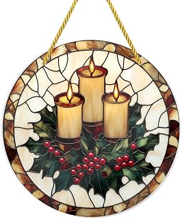 Shatterproof Acrylic Stained Glass Window Hanging, 6x6 Inch Christmas Candles & Holly,Round Acrylic Wall Decoration, Festive Homeowners’ Window & Wall Accent,Make The Space Lively