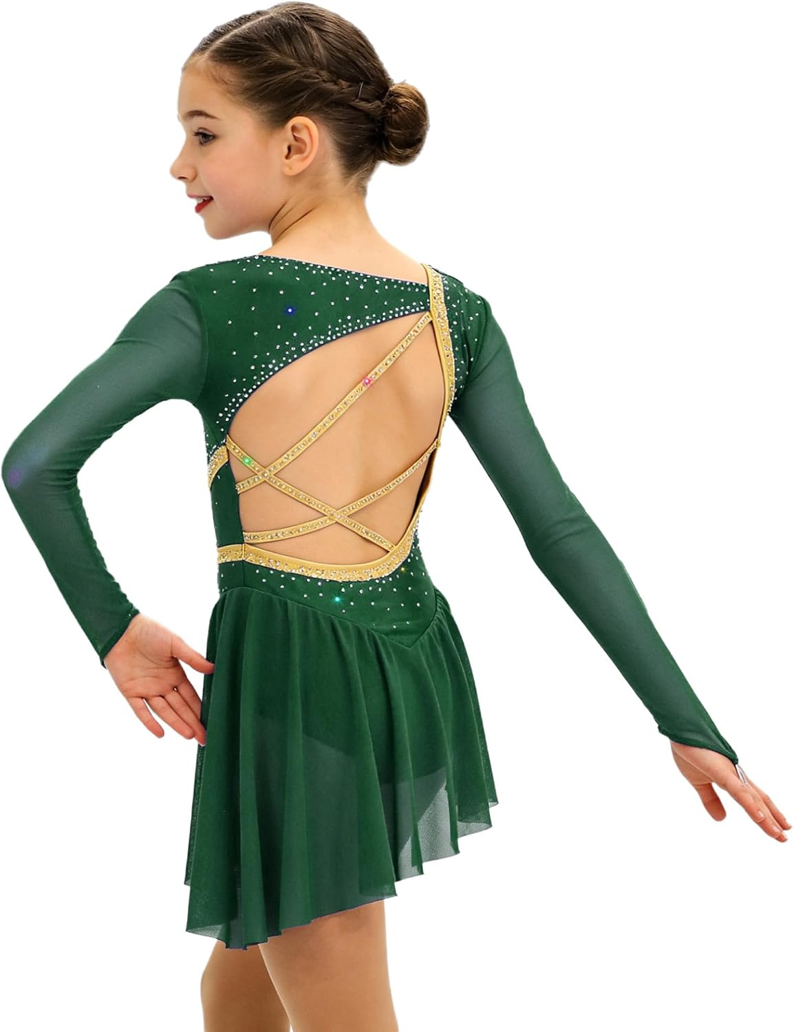 Linjinx Kids Girls Sparkly Long Sleeve Figure Ice Skating Dress Asymmetrical Gymnastics Skirted Leotard for Competition