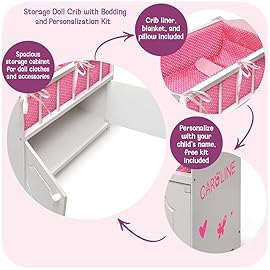 Badger Basket Wooden Baby Doll Crib with Bedding and Storage - Wooden Bed with Blanket, Pillow, and Personalization Kit - Ideal for Baby Dolls and Girl Dolls Ages 3+ - White