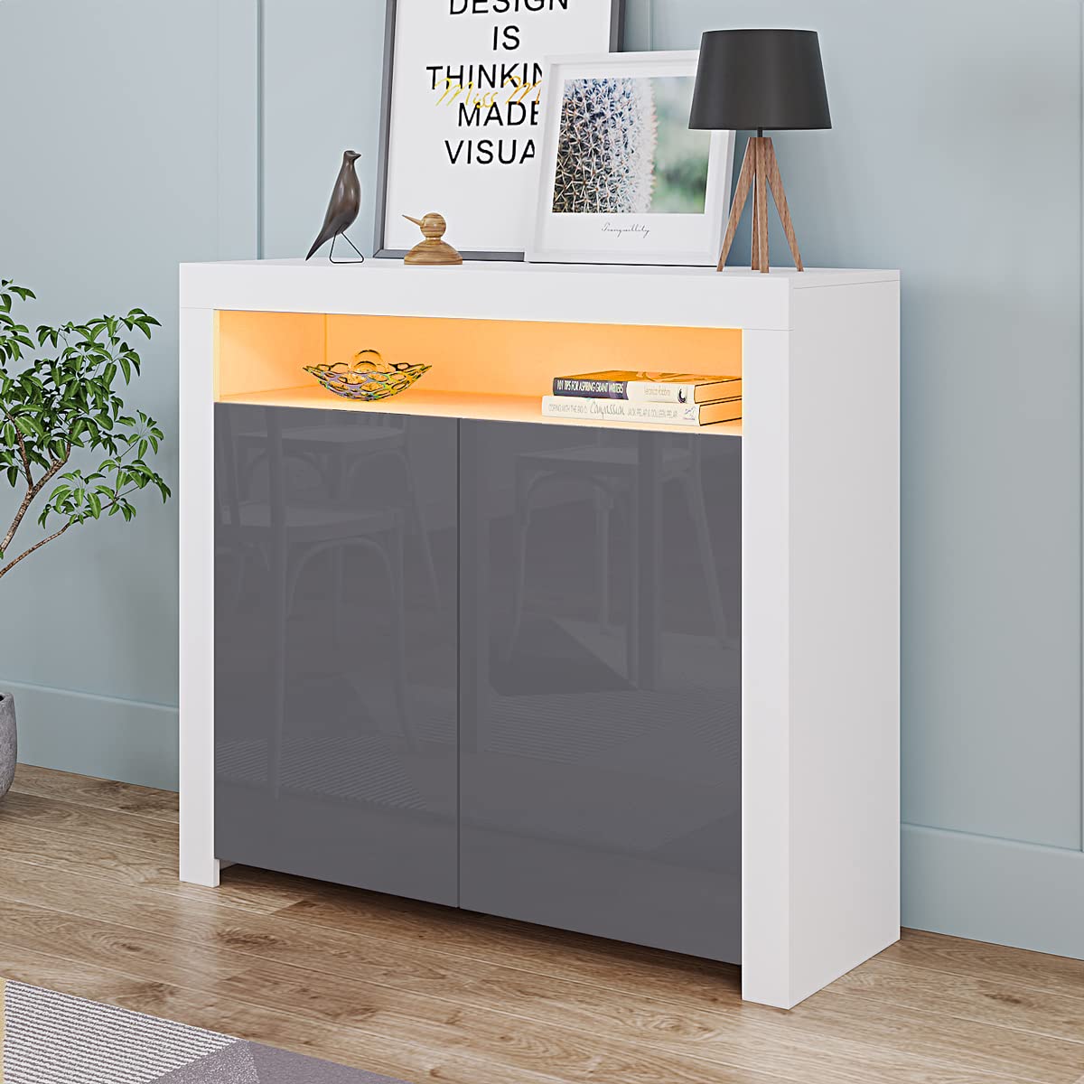 Panana Kitchen Buffet Server Table Accent Sideboard Cupboard Server Buffet Console Table With Doors Shelves 16colors RGB LED Lighted 42inch (Gray)