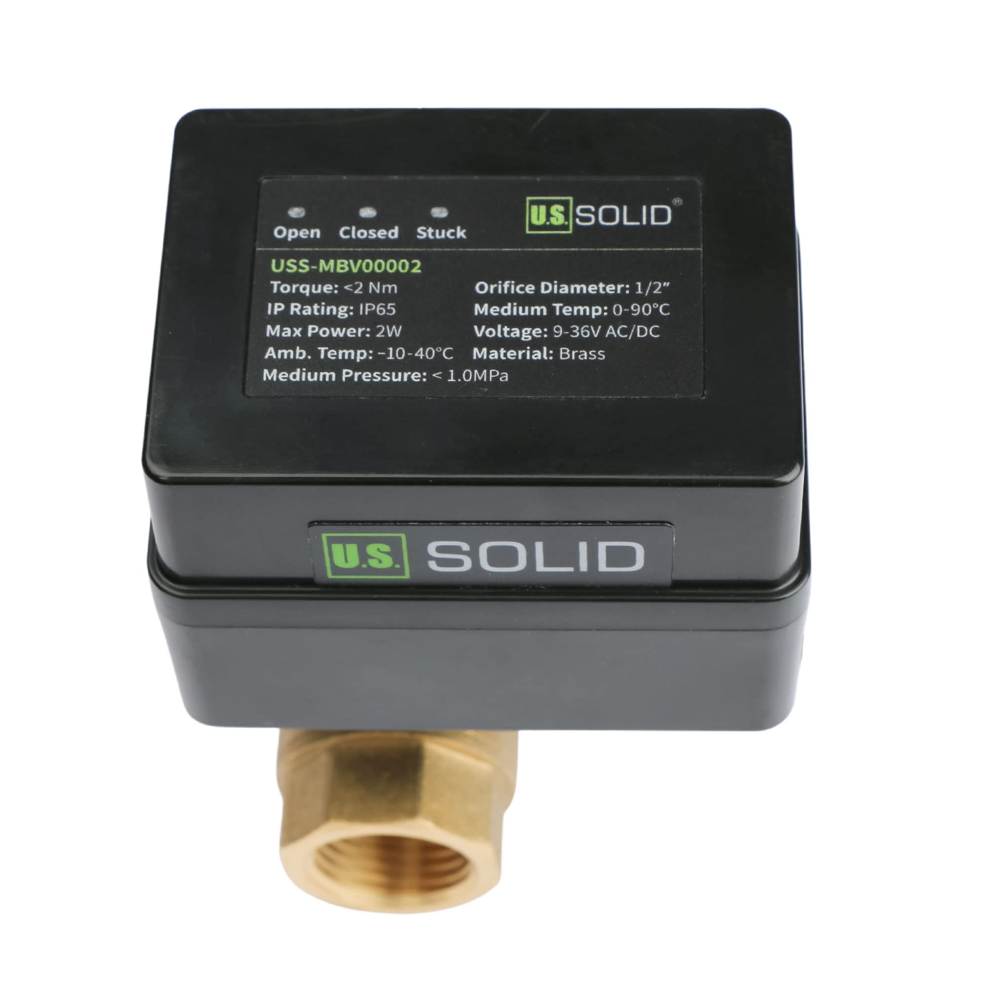 Valvola a sfera motorizzata - Valvola a sfera in ottone da 1/2" con porta standard, 9-36V AC/DC, configurazione di ritorno automatico a 2 fili, normalmente aperta (N/O) di U.S. Solid