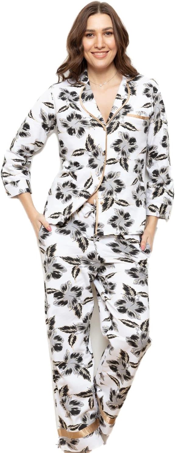 Glamour Secrets Cottonreal Ladies Warm Pyjamas PJ Set Cotton Fleece Hibiscus Floral Print
