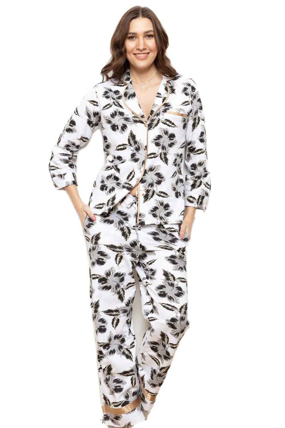 Glamour Secrets Cottonreal Ladies Warm Pyjamas PJ Set Cotton Fleece Hibiscus Floral Print