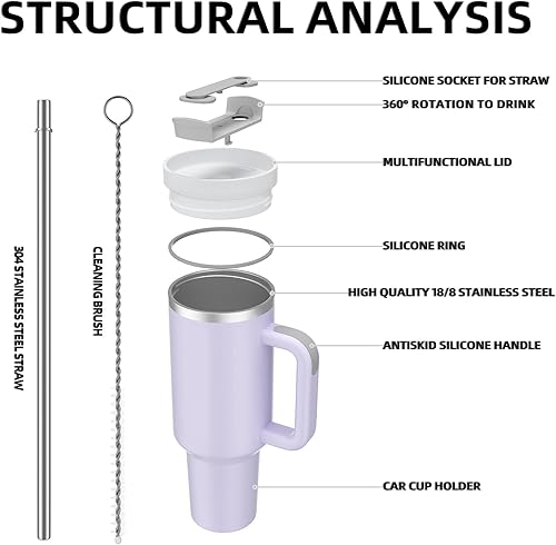 Miniatura 4 de MURRICON Vaso de 40 onzas con asa y pajilla, vaso reutilizable al vacío con tapa, taza de viaje aislada de acero inoxidable, para café y bebidas
