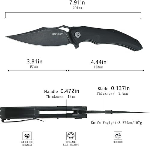 Miniatura 3 de KERZEMAN Cuchillo plegable de bolsillo, 3.81 pulgadas, mango negro lavado a la piedra 14C28N G10, bloqueo de forro, cuchillo utilitario de