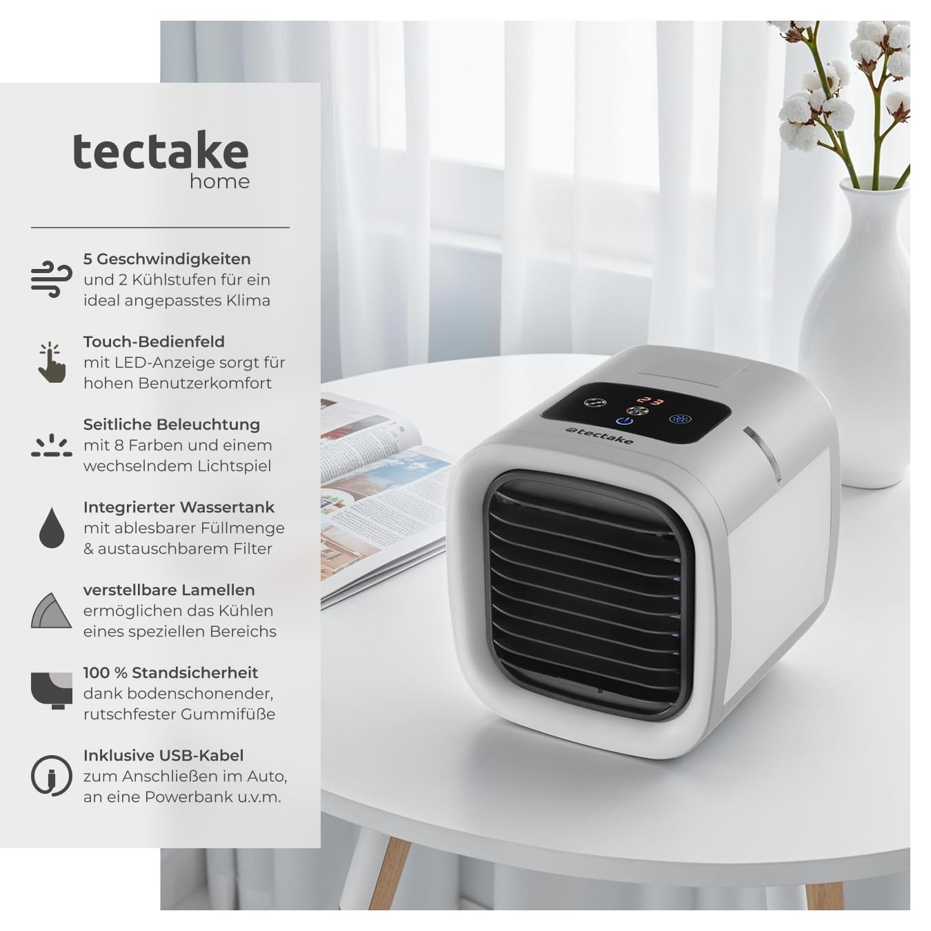 tectake® Luftkühler mit LED, mobile Klimaanlage ohne Abluftschlauch, Ventilator mit Wasserkühlung, Klimagerät, Air Conditioner, Tischventilator und Luftbefeuchter in einem, Mini Klimaanlage - grau
