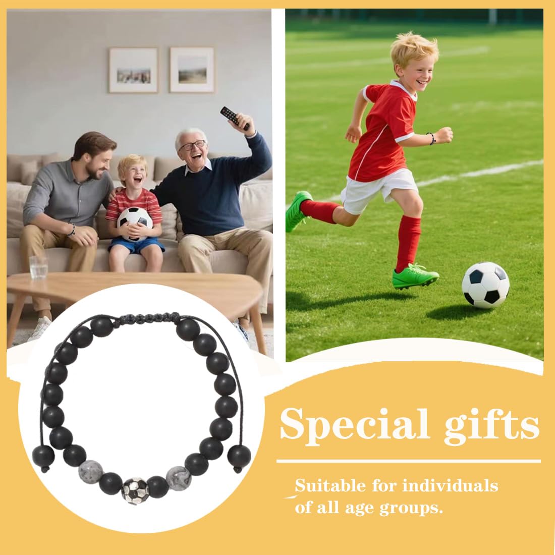 BAUCH Regalo Niño 10 Años 1 Pieza Pulsera Tejida Negra Mate con Tema de Fútbol（Para Fanáticos de Fútbol Cotidiano & Regalo ）