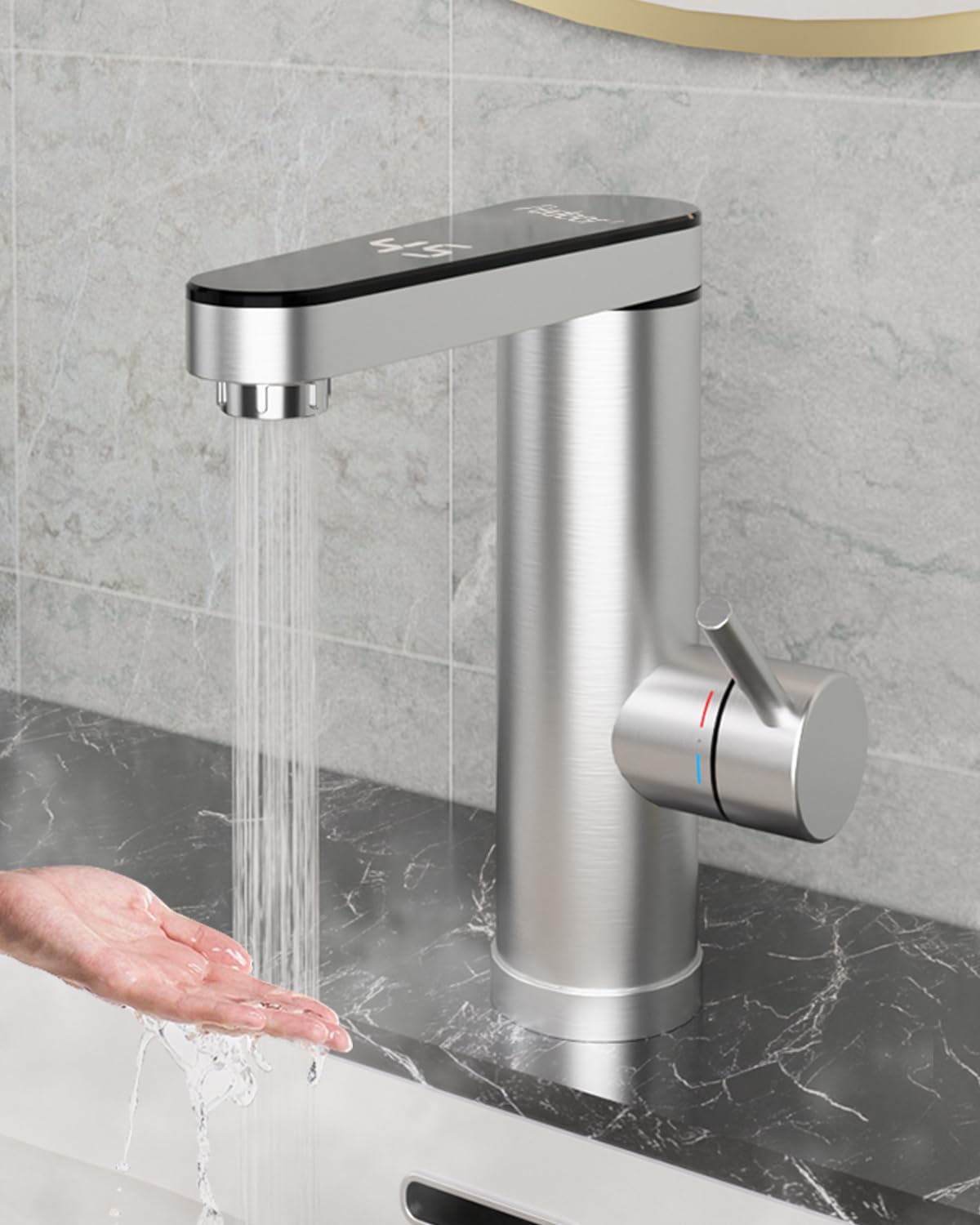 Grifo de agua caliente de acero inoxidable, grifo eléctrico con calentador de paso con indicador de temperatura digital, salida giratoria de 120 grados, armaturas eléctricas baño (salida de pantalla)
