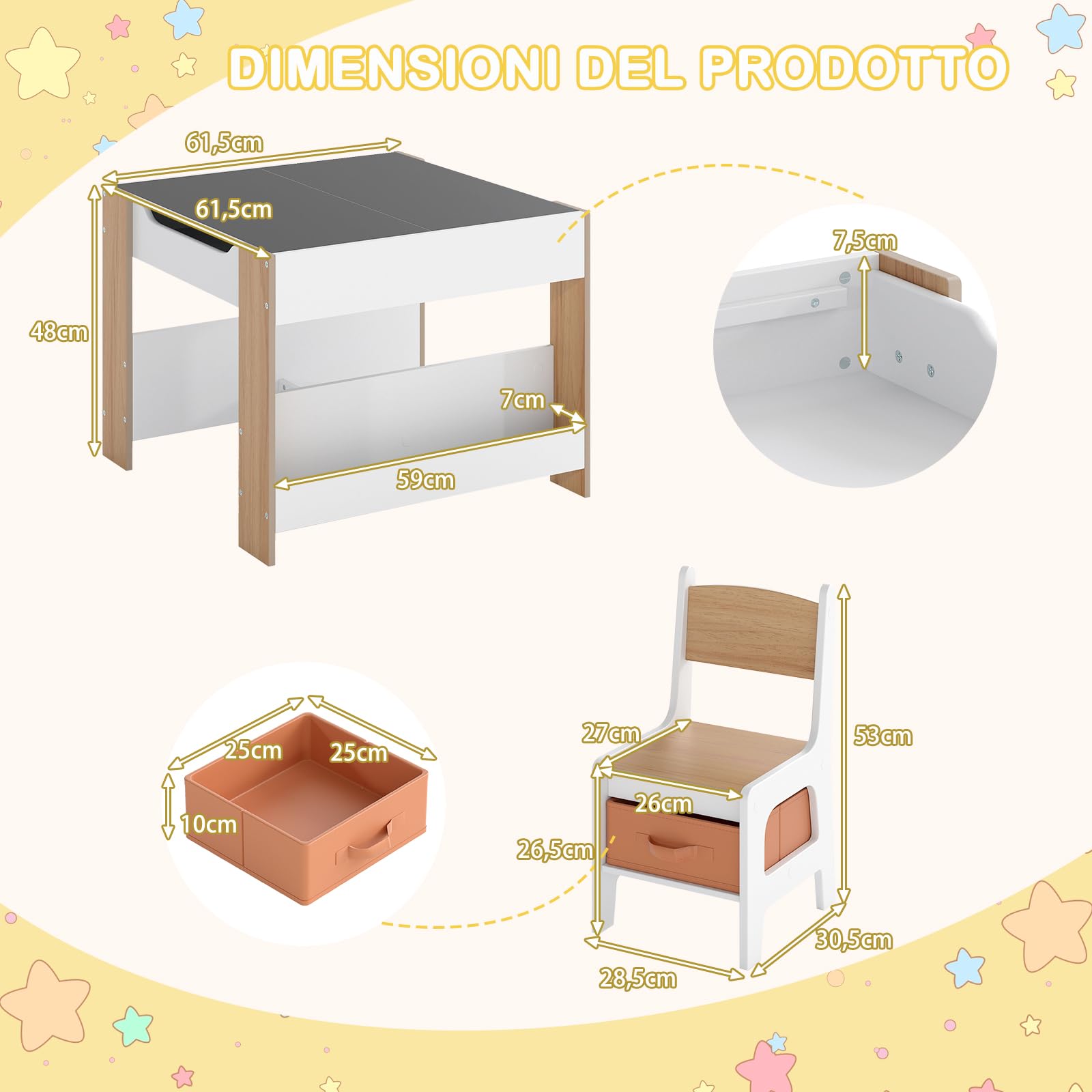 COSTWAY Set Tavolino Bambini e Sedie 4 in 1 con Lavagna Rimovibile (Naturale)