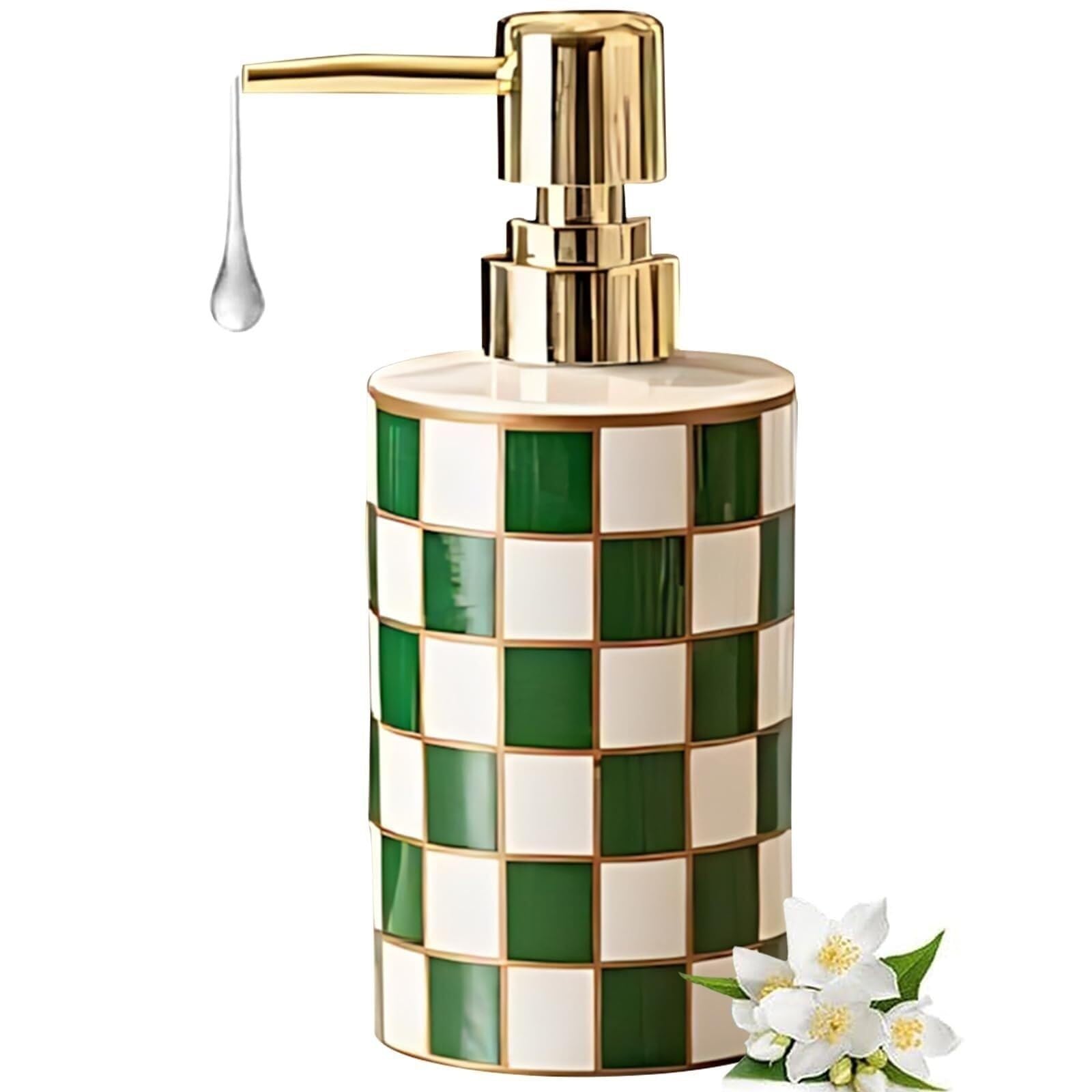 Yuue Green Empty Barthroom And Dish Soap Dispensing Retro Checkerboard Dish For Kitchen 10.5Oz With Chrome Pump Decor For Counter(Green)