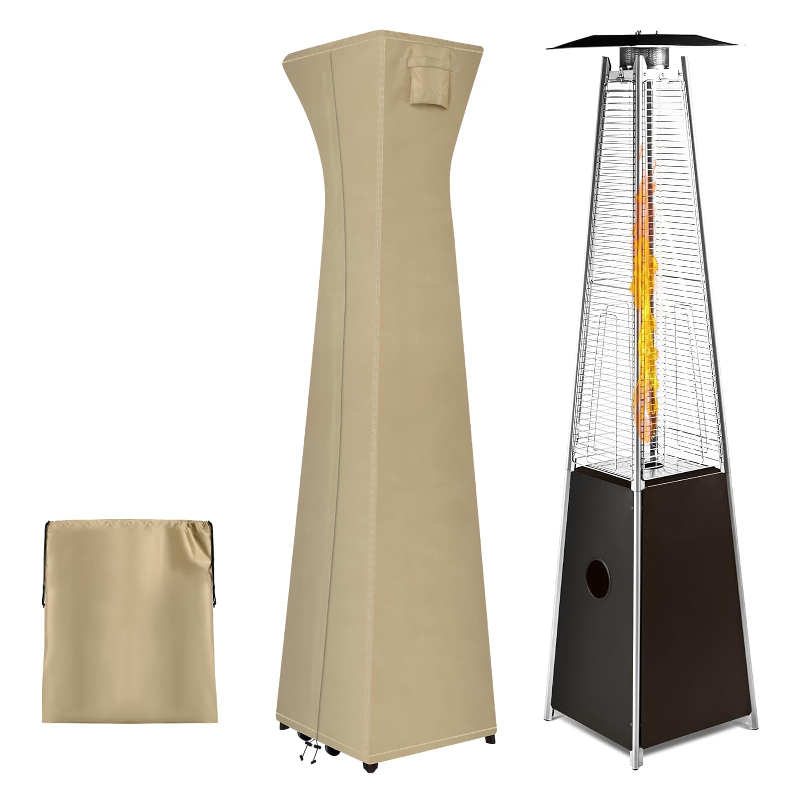 PureFit Waterproof Pyramid Torch Patio Heater Covers with Zipper, Heavy Duty Garden Windproof Heater Protector, UV-resistant Windproof Standing Heater Covers, Camel, 23”L x 23”W x 90”H
