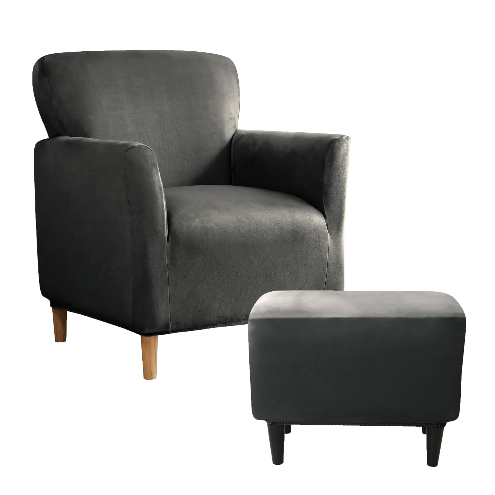 UNBBRRL Armchair and Ottoman Covers Set, Matching Accent Chair and Ottoman Slipcovers Rectangle Stretch Velvet Non-Slip for Living Room (Dark Gray,