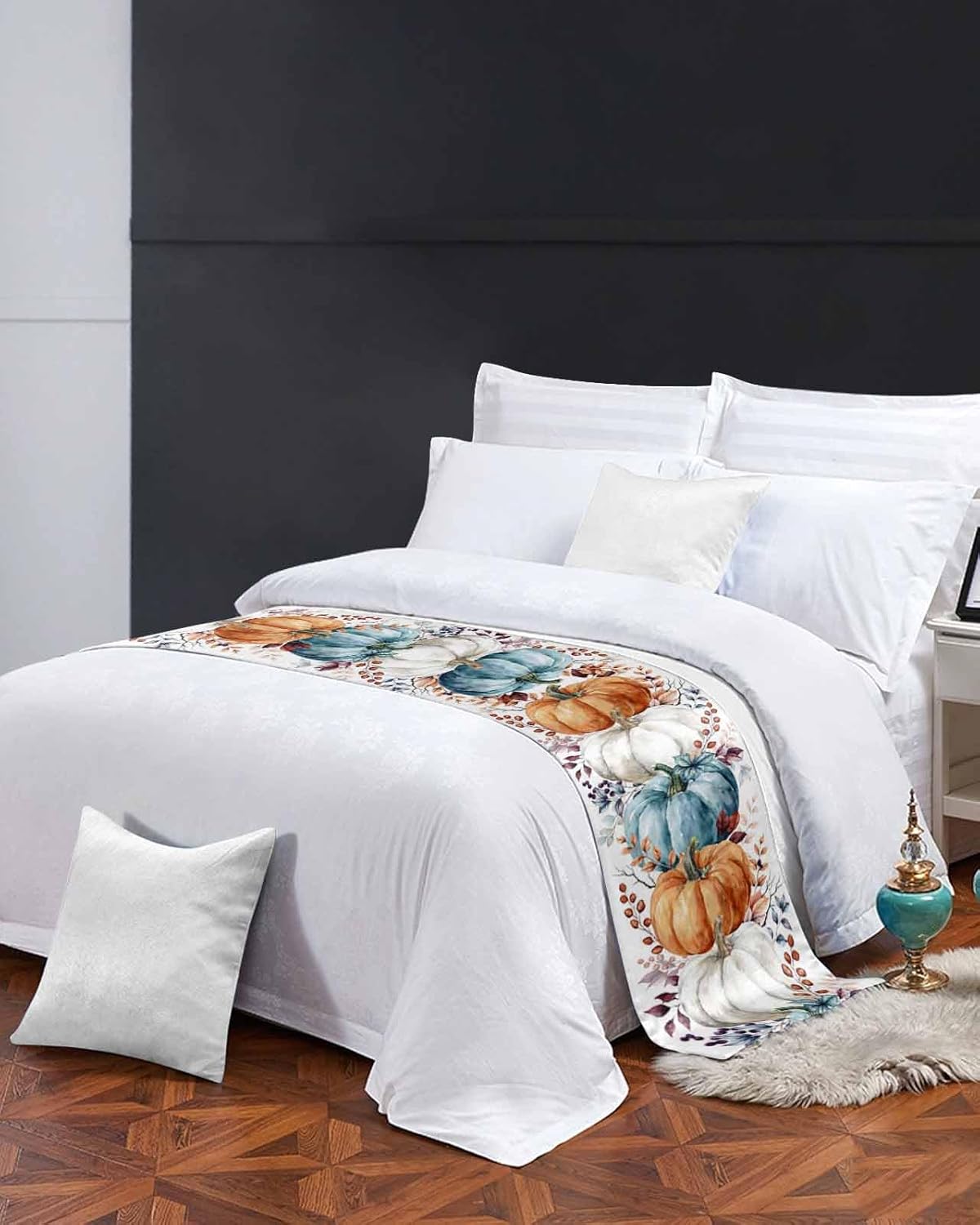 Thanksgiving Bed Runner Scarf Fall Blue Orange and White Pumpkin White Bedding Scarf Decorative Bed Runners Cover for Home Bedroom Hotel Wedding Room Bed Scarf for Foot of Bed King 102x20in