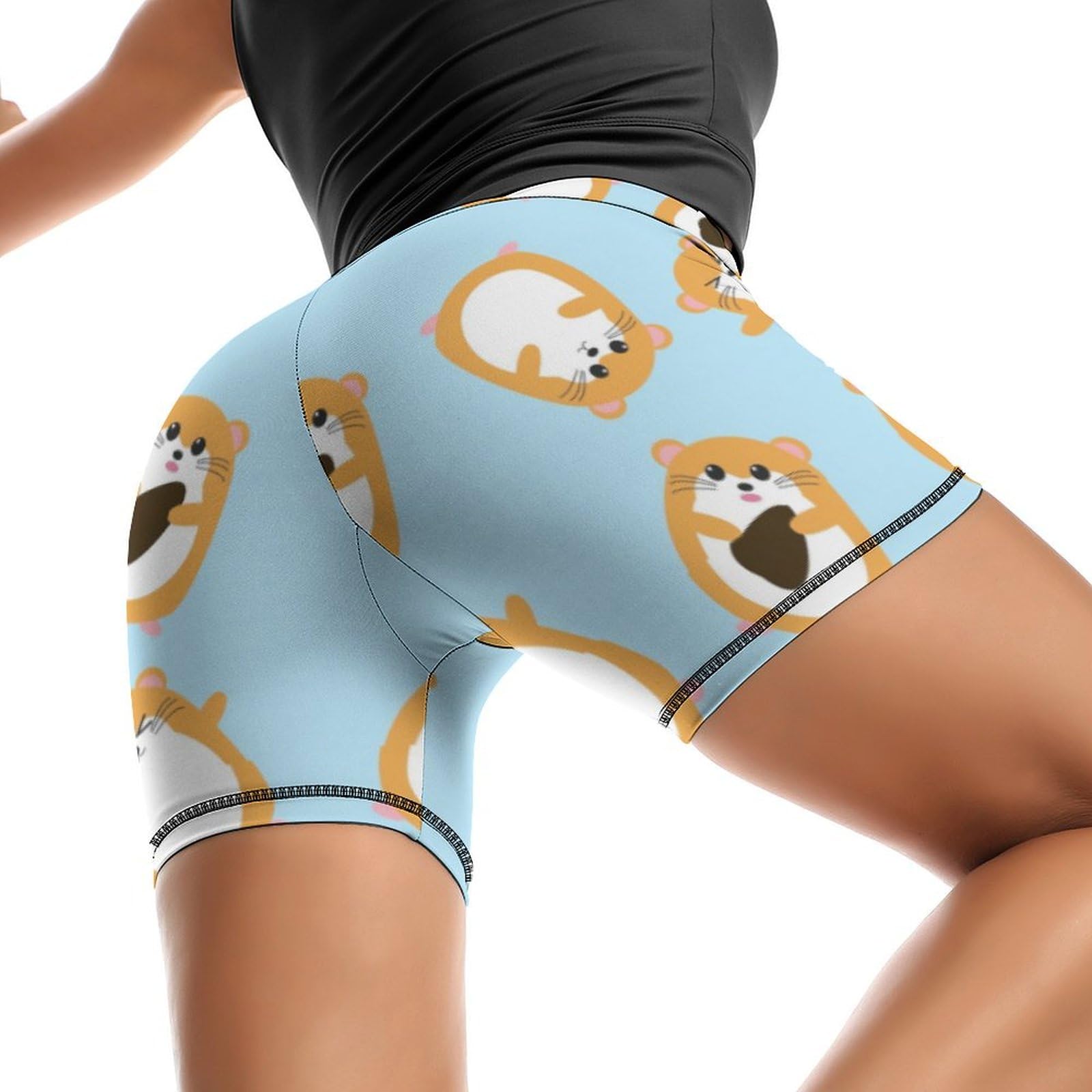 Cute Cartoon Guinea Pig Pattern High Waist Yoga Shorts for Women Athletic Shorts Leggings Running Pants Black