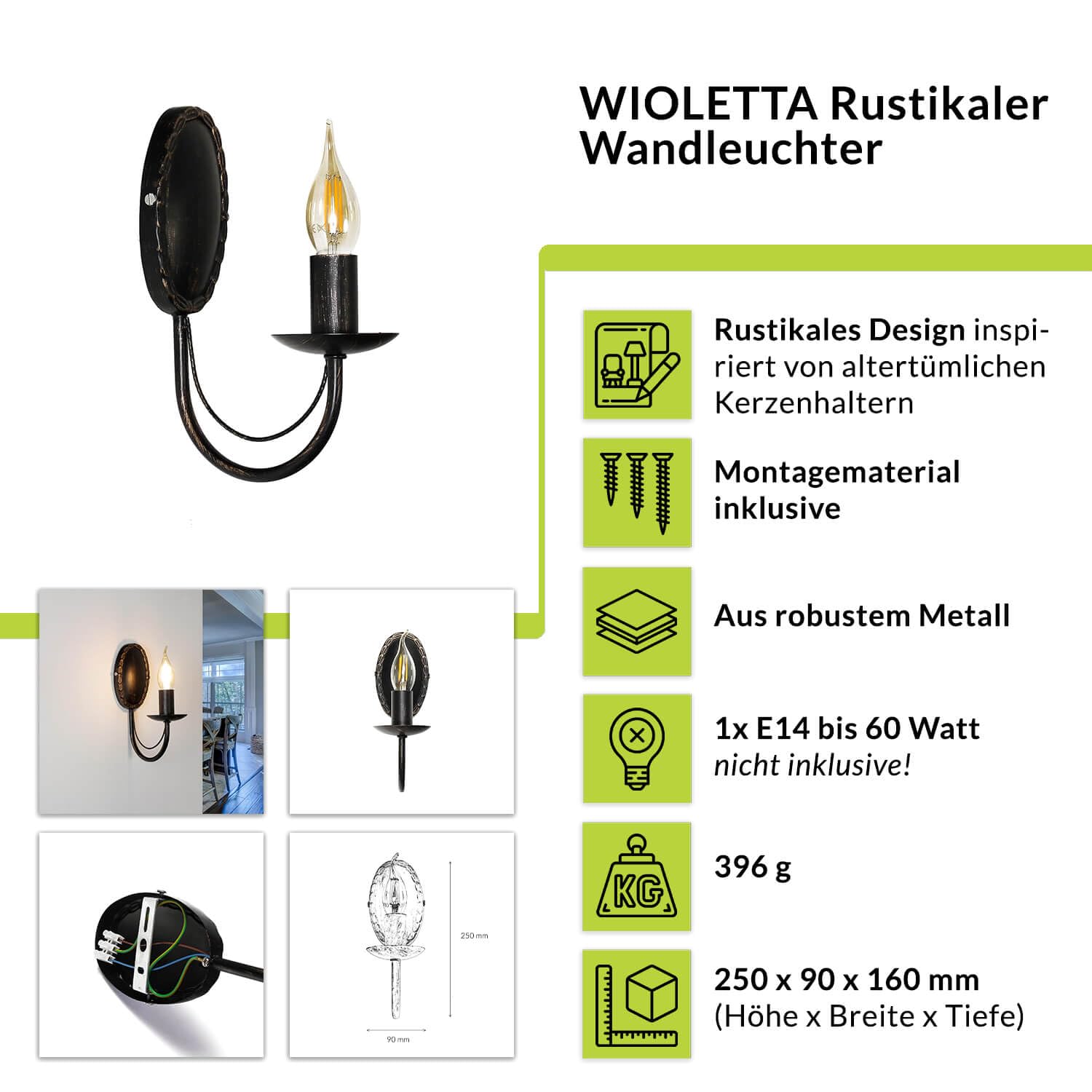 Applique per interni Wioletta Lampada da parete marrone con design a candelabro in metallo stile antico E14 salotto corridoio