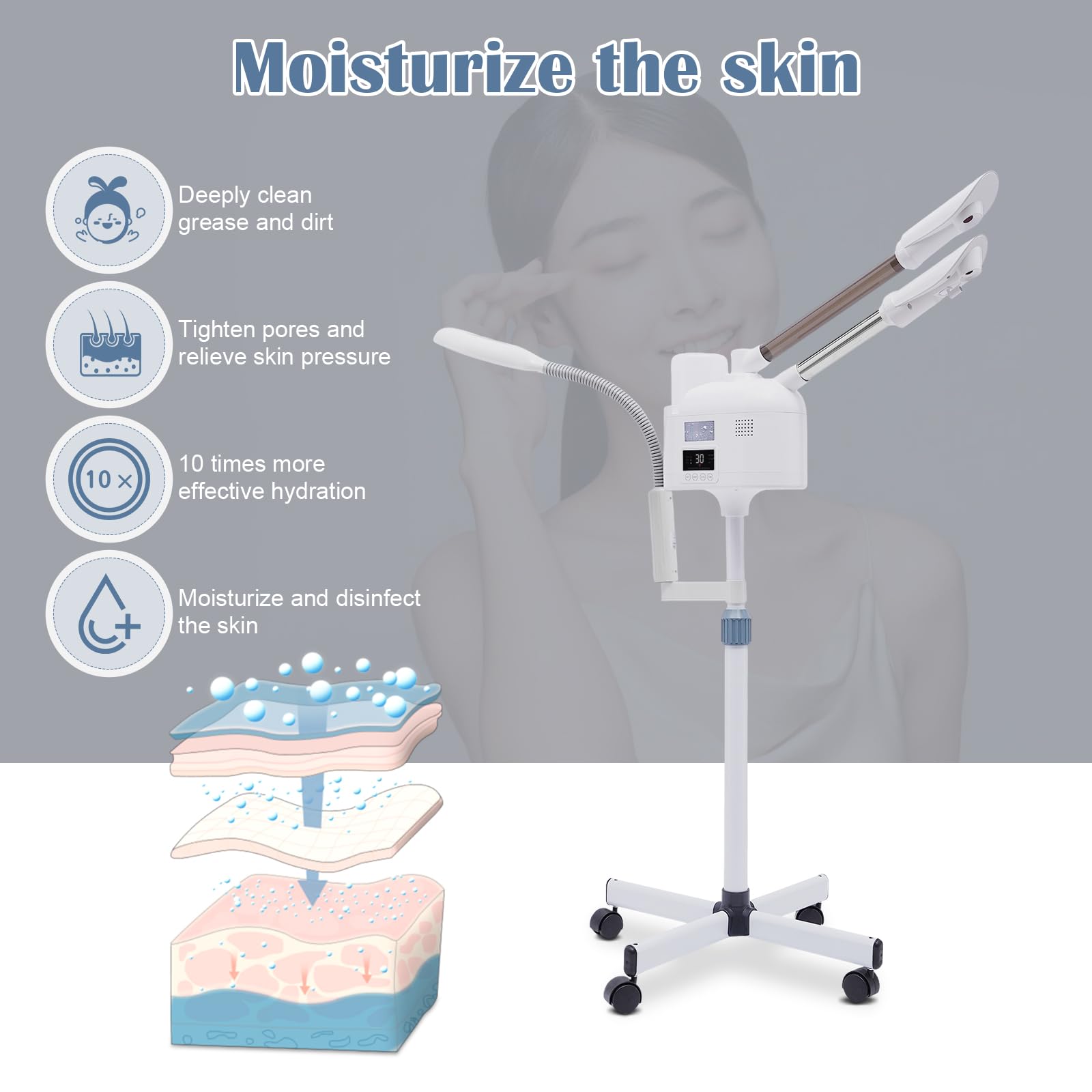 Vapozone Esthetique Professionnel 3 en 1 Vapeur Facial Visage avec Lumière LED et Loupe Hauteur Réglables Mode Chaud et Froid Buse Rotative 360°