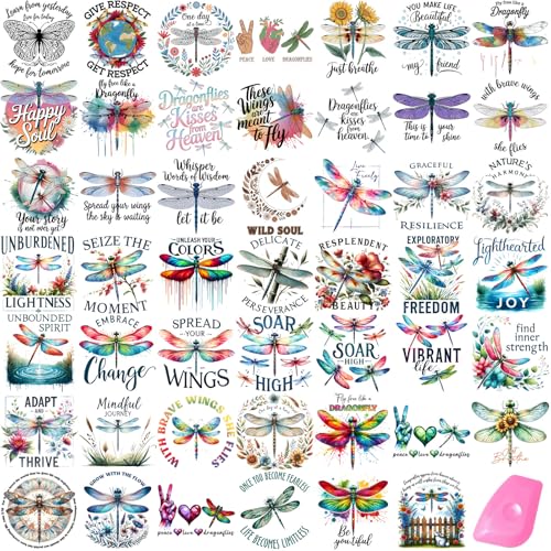 STWOICL 48 Sheets Rub on Transfers for Crafts and Furniture Rub on Transfer Stickers Decals for Wood 2.5 * 2.5inch (Dragonfly Sayings)