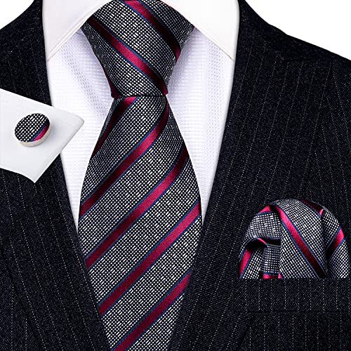 Image of Barry.Wang Tie Sets for Men Silk Stripe Necktie Woven Checkered Handkerchief Cufflinks Formal Business Wedding