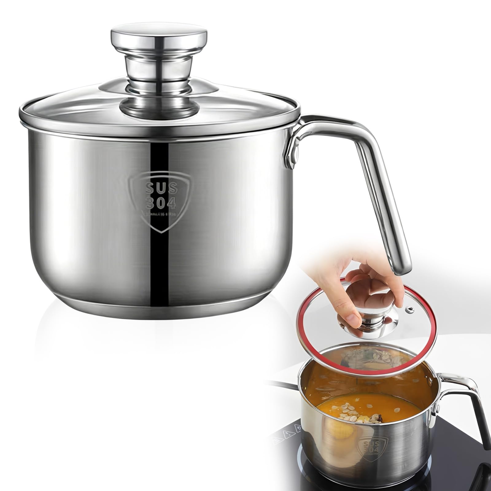 Pentola per latte a induzione in acciaio inox: mini pentola per latte da 2,4 l, 18 cm, preparazione per latte e porridge (acciaio 304/profondità 11 cm)