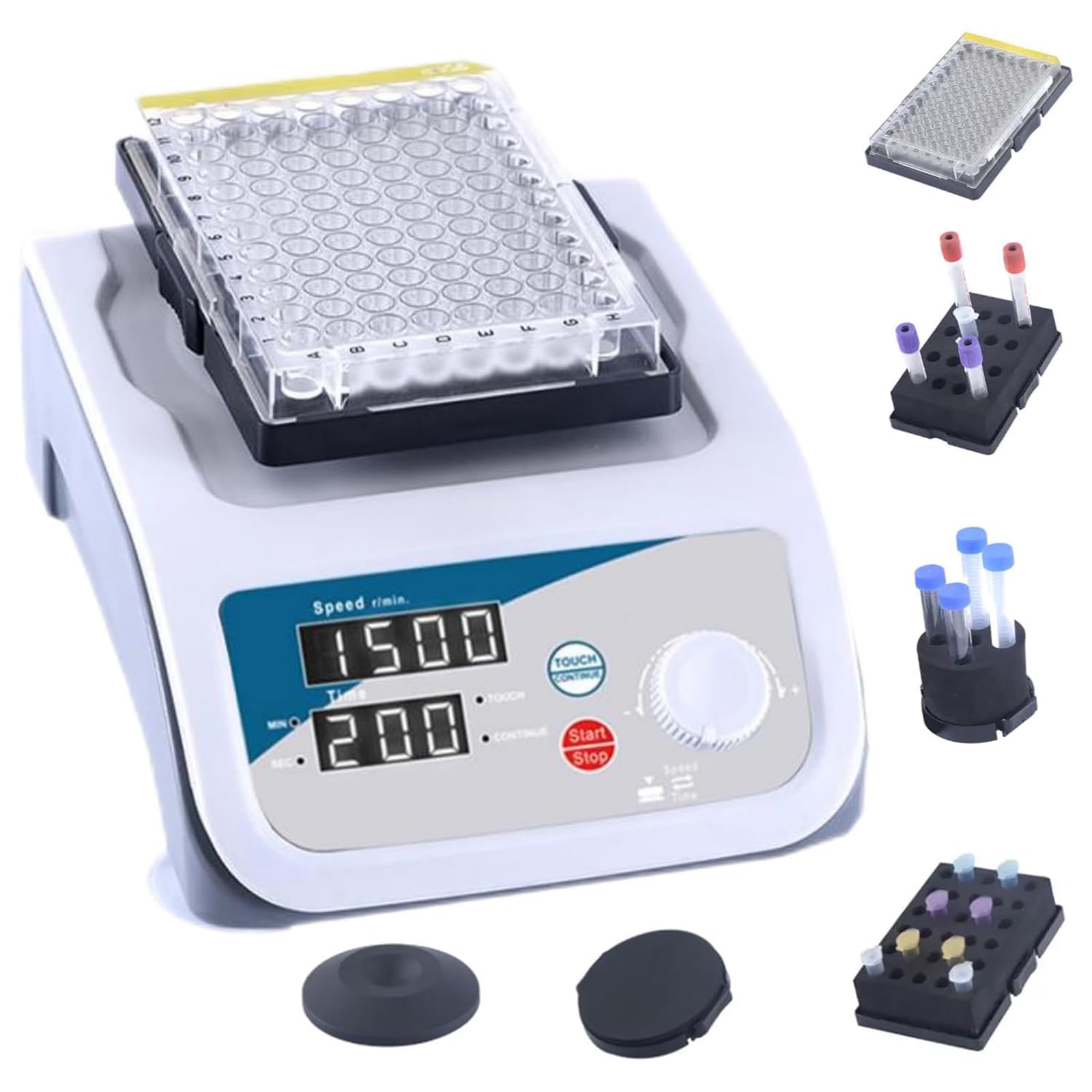 Laboratoryjny mikser wirowy, wielofunkcyjny mikser oscylacyjny laboratoryjny, z 6 wymiennymi modułami, wyświetlacz LCD, prędkość 200-3000 obr./min, czas 1s-999 min, do kolb / płyty ELISA / probówek