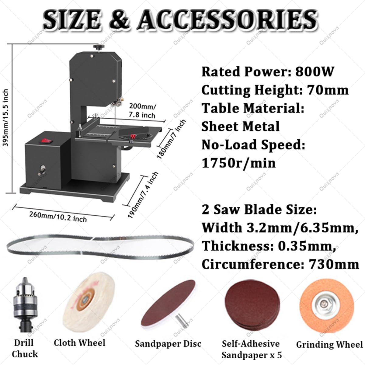 Wielofunkcyjna mini piła taśmowa, przenośny zestaw piły taśmowej o mocy 800 W, 4 w 1 piły stołowe z tarczą szlifierską, tarczą materiałową, uchwytem wiertarskim i tarczą ścierną
