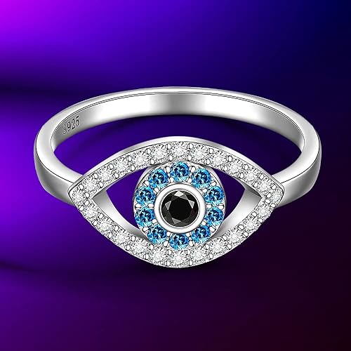 Miniatura 3 de Anillo de ojo turco espiritual con protección contra el mal de ojo de plata de ley con zafiro azul para mujer, amuleto griego Nazar, talla 6-10