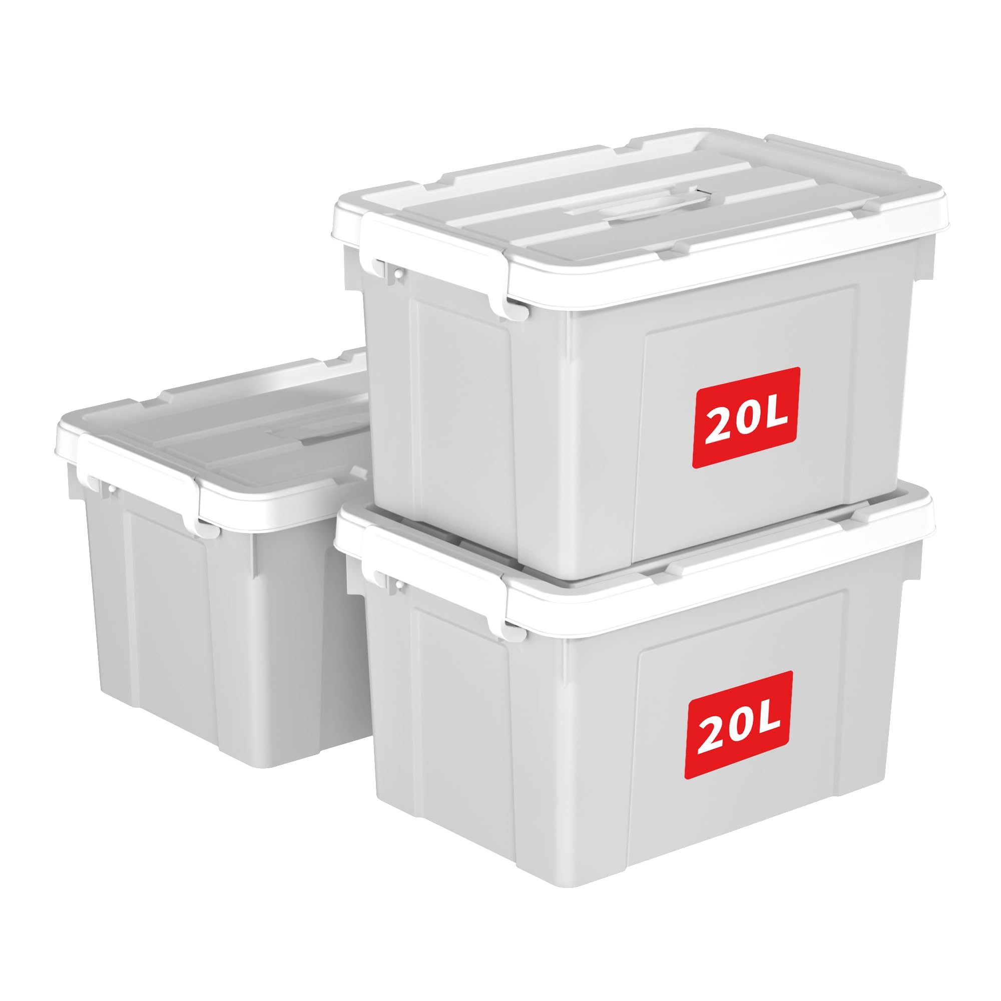Cetomo 20L*3 Storage Boxes, Carry Plastic Storage Box with Lids, Organizing Container with Handle and Secure Latching Buckles, Stackable, Nestable, Tote Bin for Home Office Clothes, 20L-3Pack, Gray