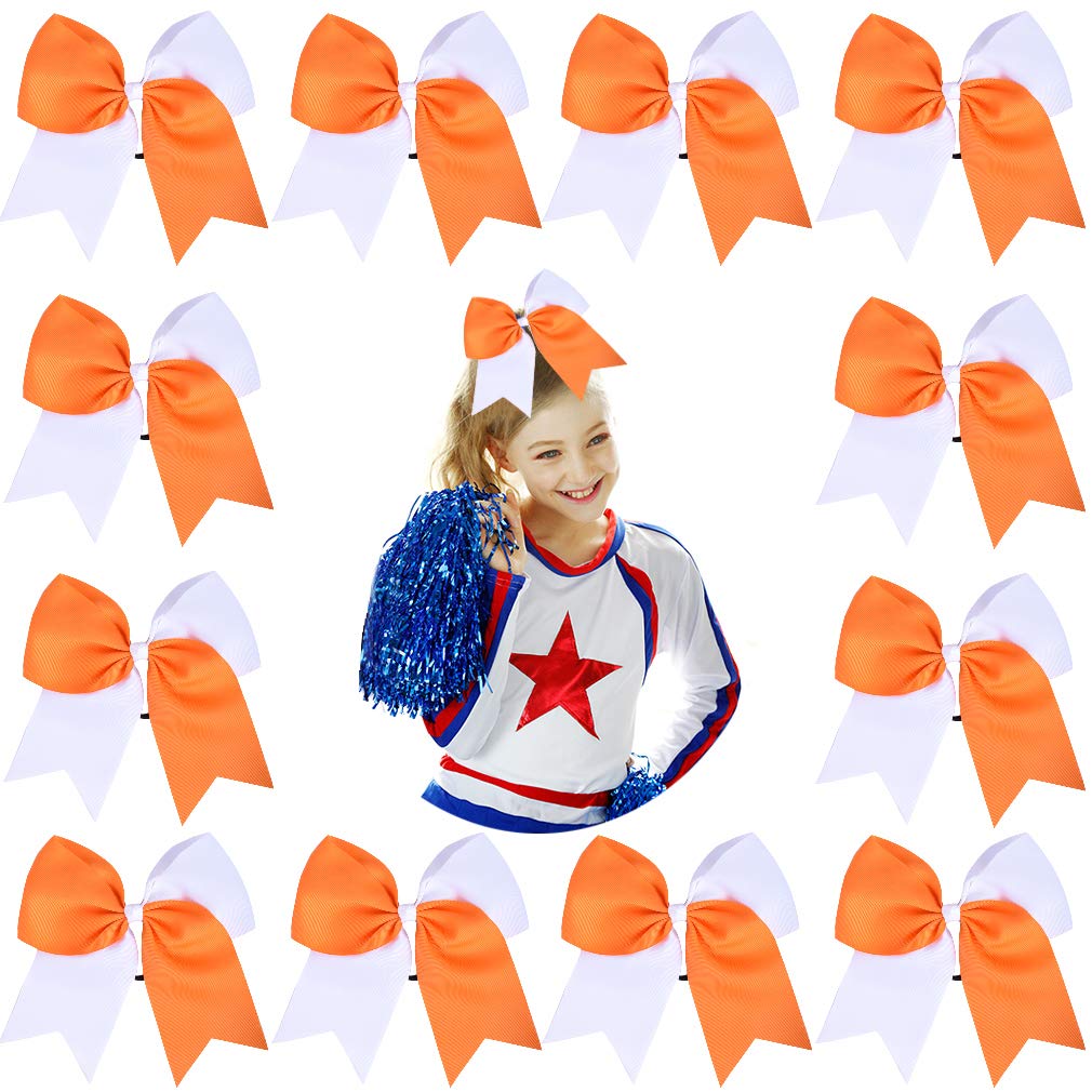DEEKA 12PCS 8" Two Toned Large Cheer Hair Bows Ponytail Holder Handmade for Teen Girls Softball Cheerleader Sports-Orange/White