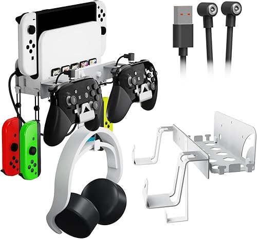 EJGAME Soporte de montaje de pared compatible con Nintendo SwitchOLED, kit de montaje de pared de metal con ganchos para colgar auriculares y
