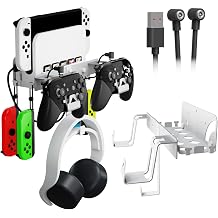 Wall Mount Bracket Compatible with Nintendo Switch/OLED,Metal Wall Mount Kit Shelf Stand Accessories with Hooks for Hanging Headphone and Joy-Cons, Dual Controller Holder White