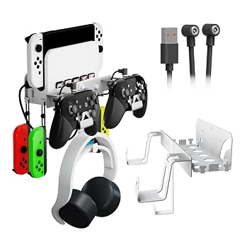 Wall Mount Bracket Compatible with Nintendo Switch/OLED,Metal Wall Mount Kit Shelf Stand Accessories with Hooks for Hanging Headphone and Joy-Cons, Dual Controller Holder White