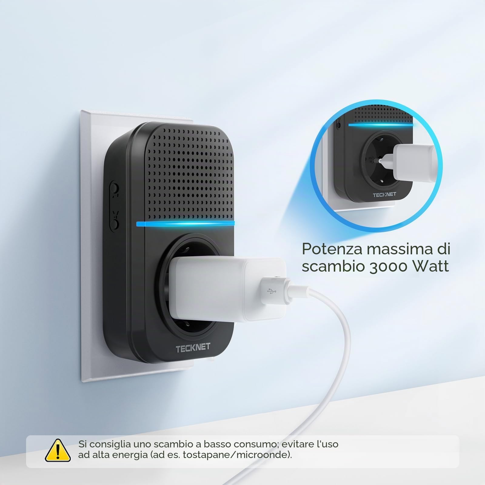 TECKNET Campanello senza fili esterno impermeabile con spina, 400 m portata campanello casa autoalimentato, IP65 campanello per porta senza batterie con indicatori LED, 60 melodie gamma, 5 livelli di