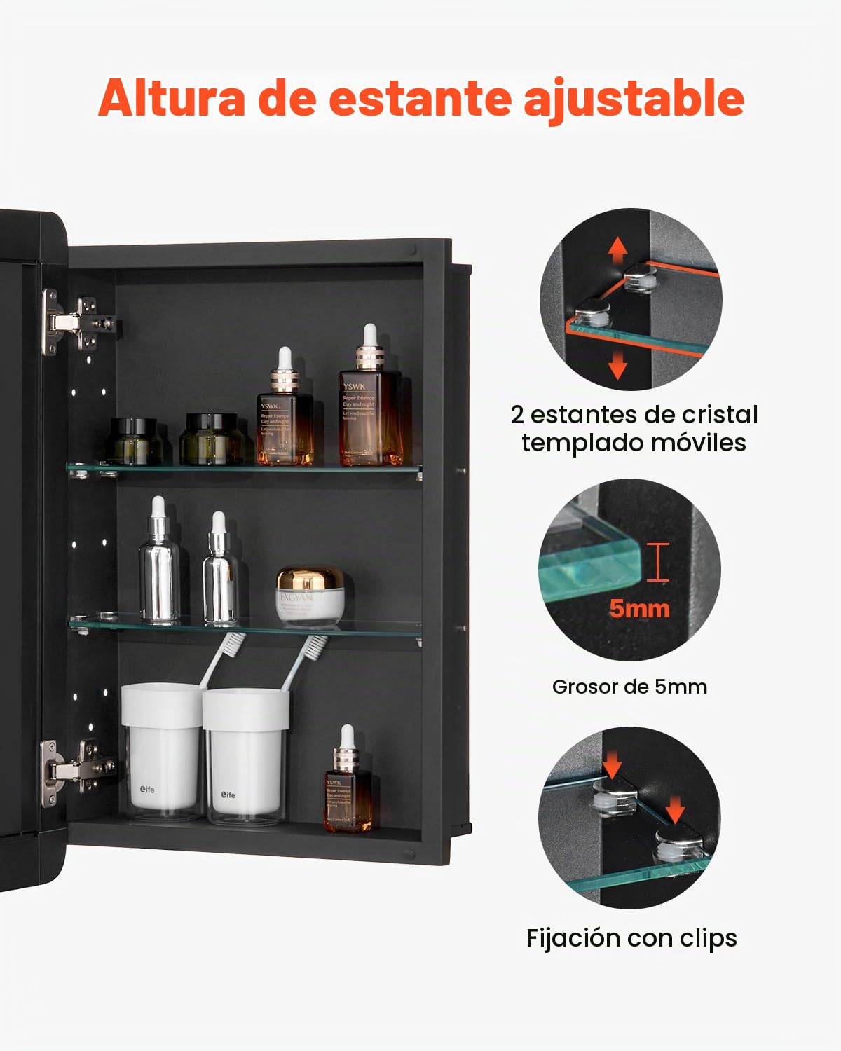 VEVOR Botiquín con Espejo para Baño con Puerta de Espejo y Estantes de Vidrio Ajustables, Instalación Empotrada y Montada en Pared, Marco Aluminio, Organizador de Almacenamiento, 406 x 128 x 610 mm