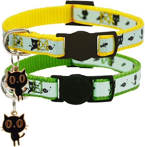 Paquete de 2 collares para gatos que brillan en la oscuridad con campana, collares de seguridad para cachorros con colgante verde y amarillo