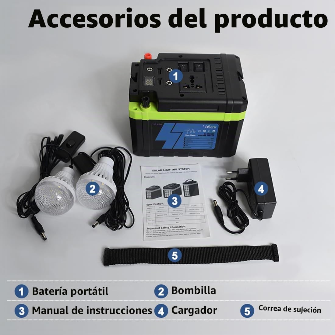 Anern Banco de Energía Solar 100W Estación de Energía Portátil con 2 Bombillas LED y Carga Panel de luz Brillante de 15000mAh 220V Generador Solar para Camping, Viajes