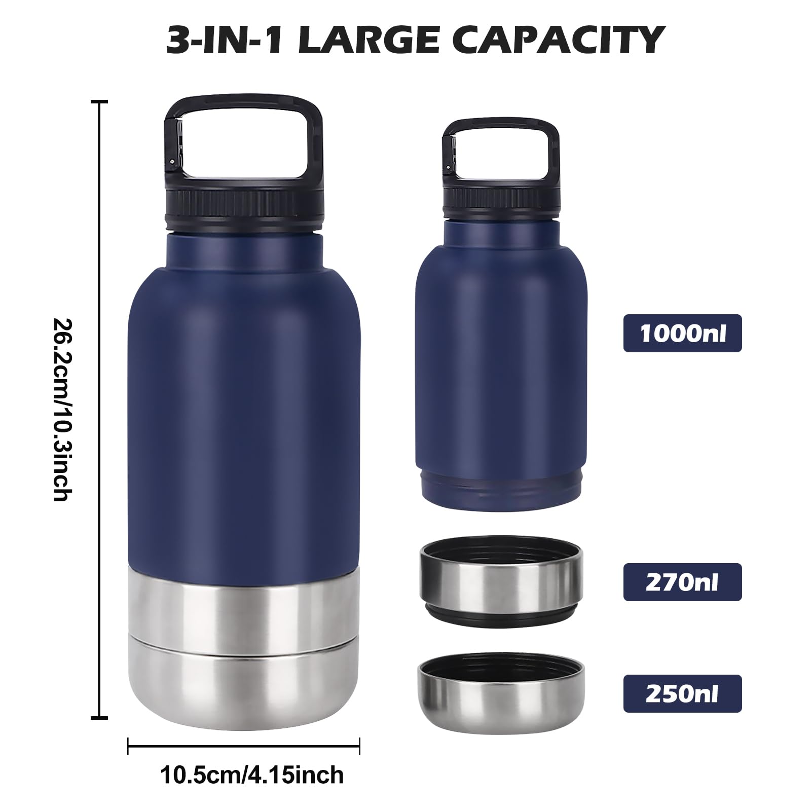 Borraccia per cani da viaggio, 1000 ml, per cani, in viaggio, per cani, in acciaio inox, con ciotola per l'acqua e ciotola, accessorio per cani per passeggiate, senza BPA