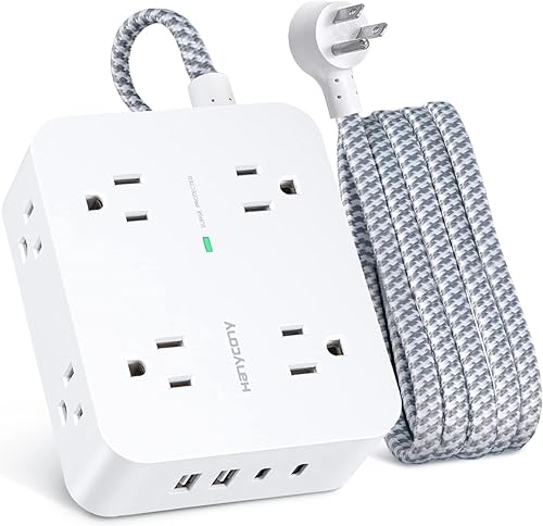 Surge Protector Power Strip - HANYCONY 8 Outlets 4 USB (2 USB C) Charging Ports, Multi Plug Outlet Extender, 5Ft Braided Extension Cord, Flat Plug Wall Mount Desk Charging Station for Home Office ETL(White,6Ft)
