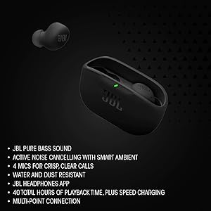JBL Vibe Buds 2 - True Wireless Noise Cancelling Earbuds Pure Bass Sound & Smart Ambient Technology, 4mics for Crisp, Clear Calls, up to 40Hrs of Playback, IP54 Dust & Water Resistant (Black)
