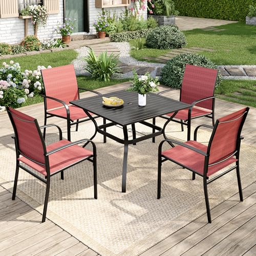 Image of MIXPATIO 5 Pieces Patio Table and Chairs Set, 4 Person Outdoor Dining Furniture Set, 4 Red Textilene Chairs and 37 inch Square Metal Table with Umbrella Hole, for Deck Backyard Lawn