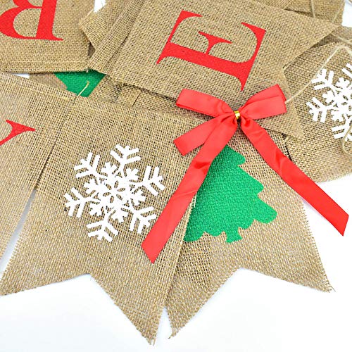 image for PACETAP Merry Christmas Burlap Banner with 4 Red Bows, Home Indoor Chr