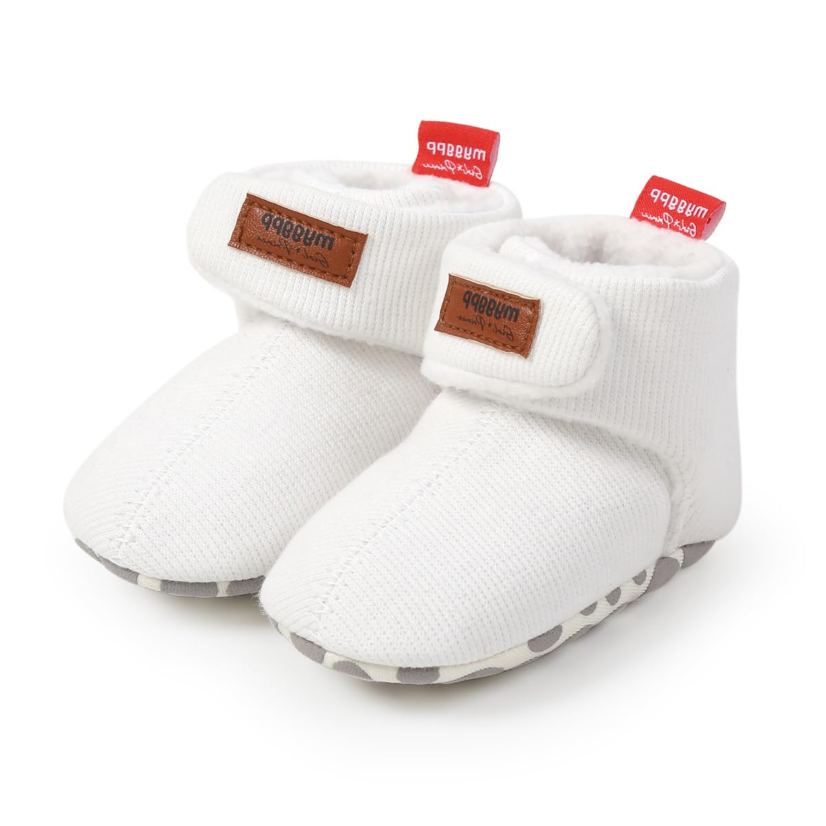 E-FAK Newborn Baby Cozy Fleece Booties with Grippers Winter Slippers Socks Soft Sole Stay On Infant First Walker Crib Shoes(11 White, 0-6 Months)