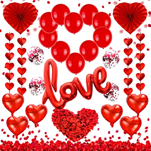 Valentines Day Party Decoration Kits 36 Inch Love Foil Balloon Red Heart Balloons Heart Paper Fans Red Heart Garland with 500 PCS Rose Petals Wedding Anniversary Valentines Balloons Decor