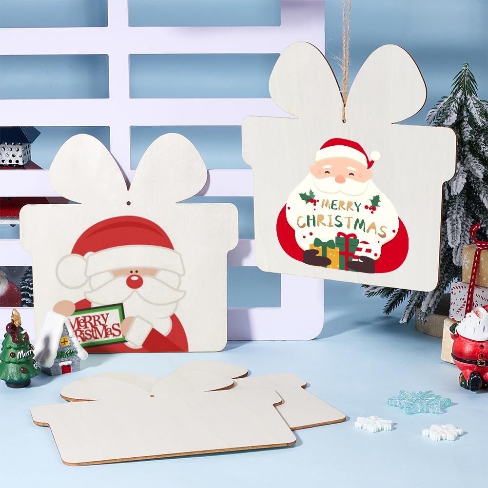 10Pcs 7 x 7 Inch Wooden Gift Box Ornament Christmas Wood Cutouts Unfinished Wood Blanks Slices with Ropes for DIY Arts Crafts Painting Home Birthday Party Favors Decoration Xmas Supplies