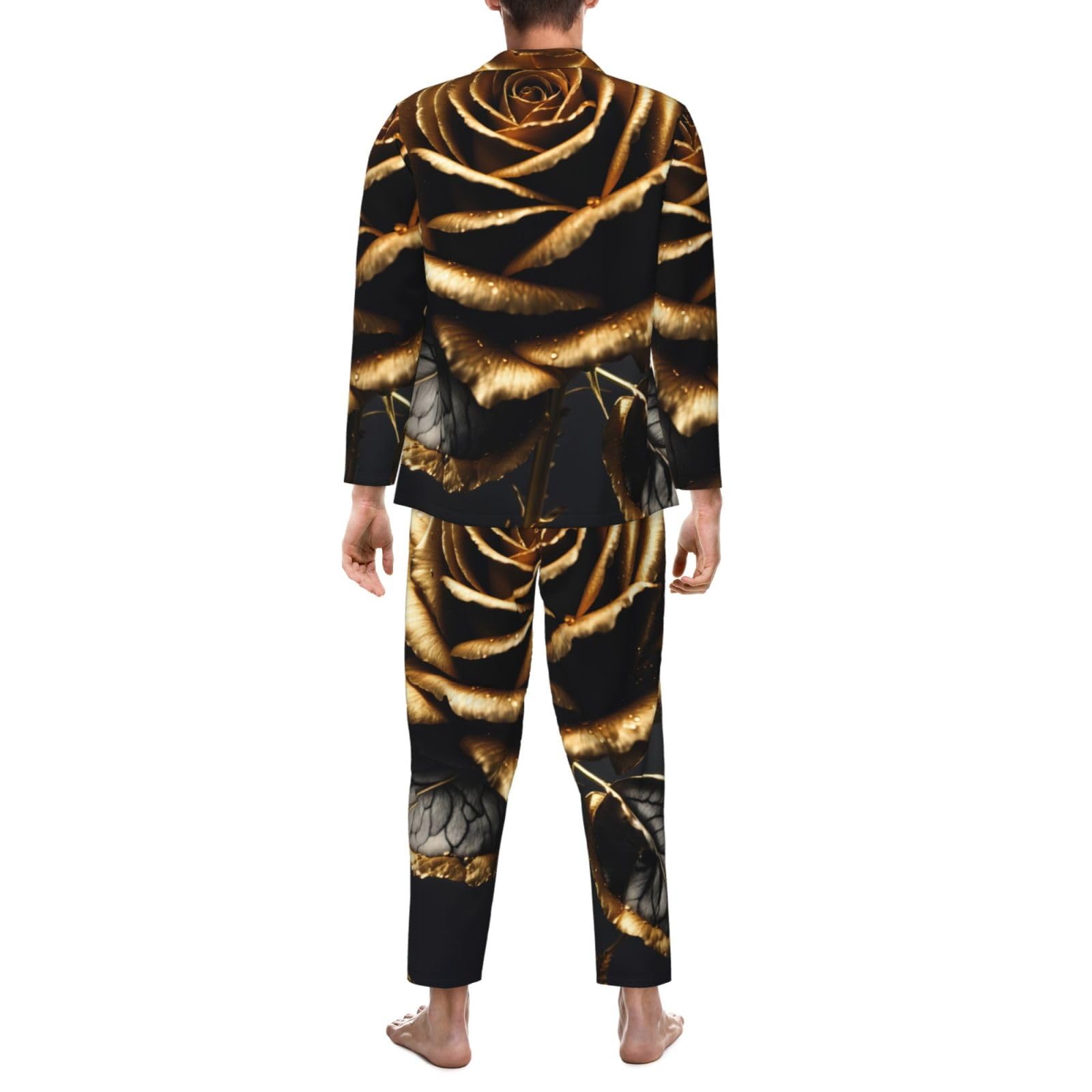 Nero E Oro Fiori Stampa Uomini Manica Lunga Pigiama Set Due Pezzi Lounge Pantaloni Per Inverno Autunno Primavera Estate