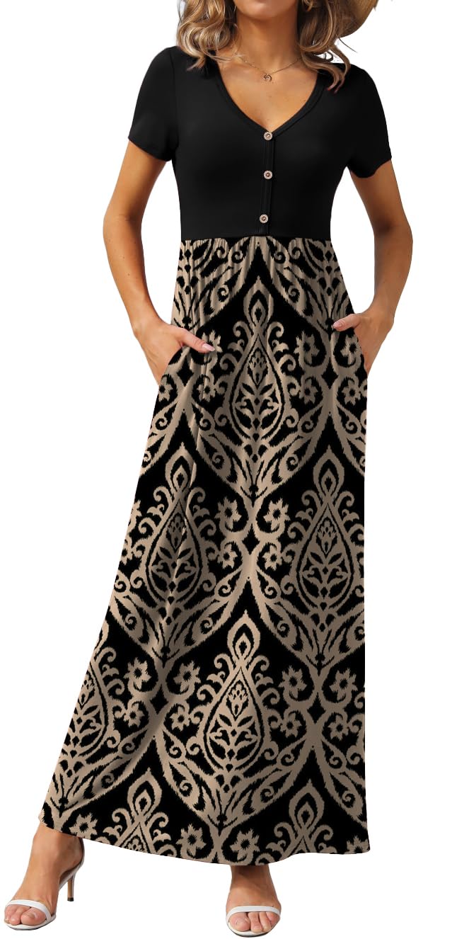 Womens Summer Long Maxi Dresses 2026 Short Sleeve V Neck Casual Button Dress with Pockets