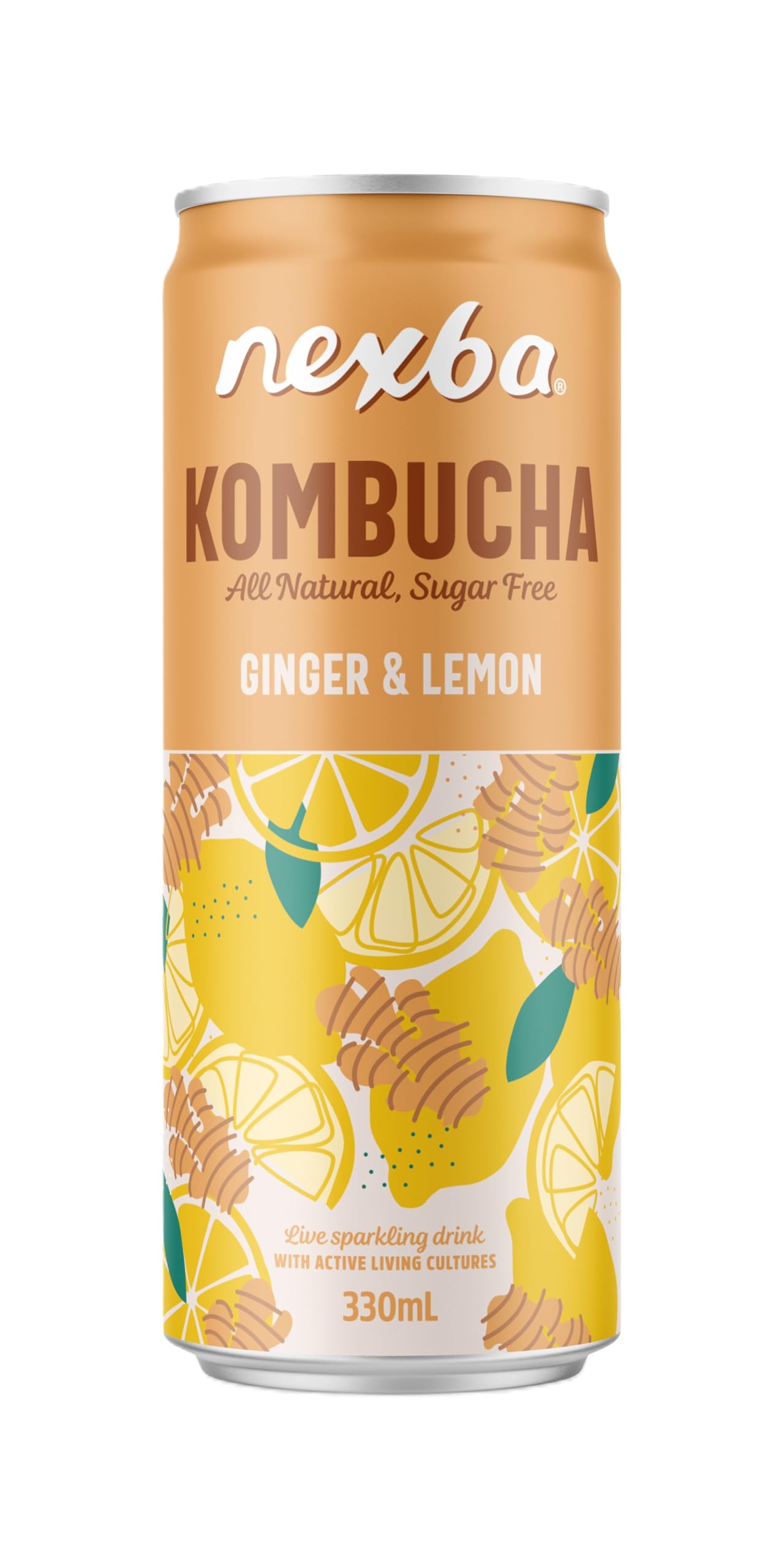 NEXBA - Ingwer-Zitronen-Kombucha, schlanke Dosen, 12 x 330 ml