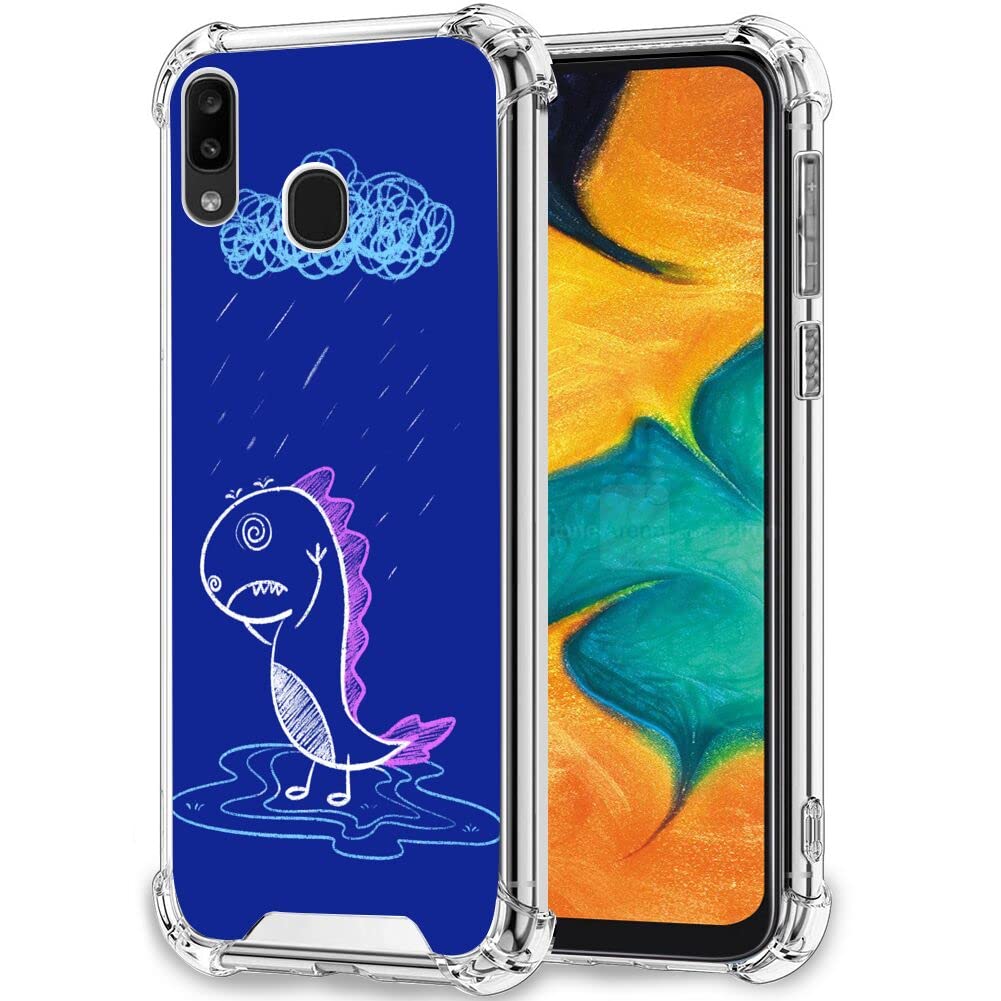 Xioolia Transparent Phone Case Compatible with Samsung Galaxy A30/A20 Shock-Absorbing Anti-Scratch Clear with Four Corner Bumper and Designer Rainy Dinosaur Pattern