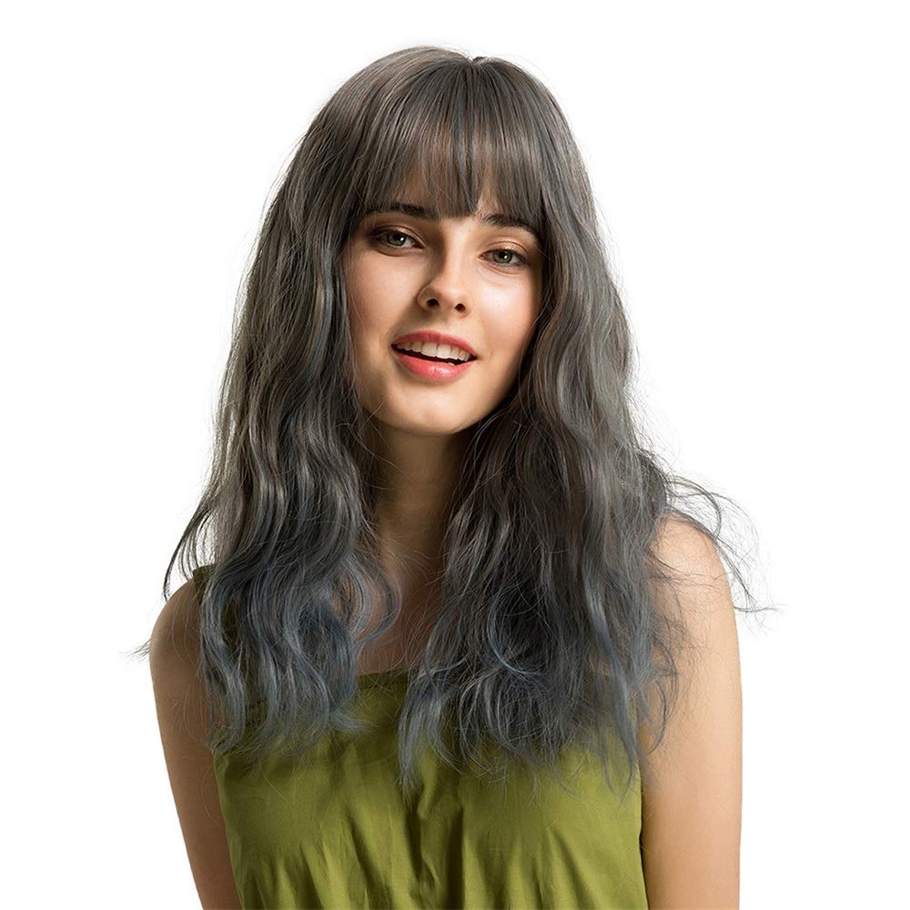 Gweat Bathtub Wigs Dark Gray Gradient Gray Blue Wave Natural Curly Fringe Fringe Chemical Fiber Hair Wig Lady Girl Wig 18 cm